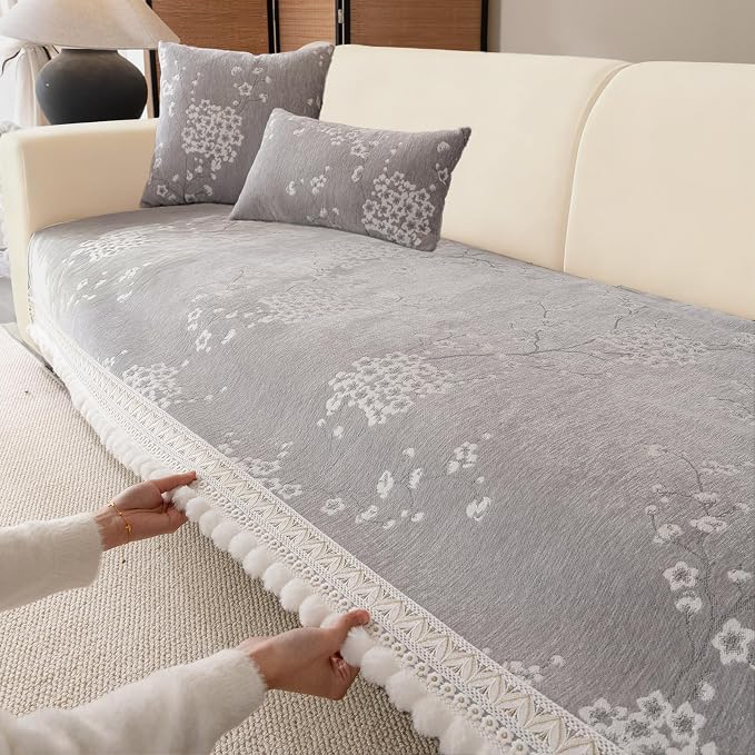 DREAMINGO Grey Floral Couch Cover Vintage Jacquard Pet Sofa Cover Non Slip Chenille Couch Protector Living Room Washable Sectional Furniture Slipcovers for 3 Seat Sofa, 35.4"x94.5" by DREAMINGO