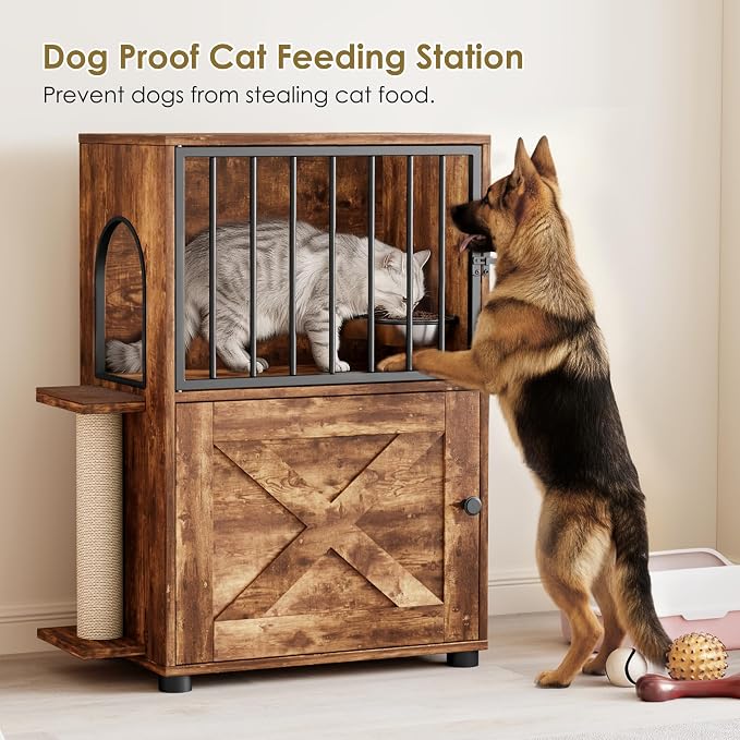 Dog Proof Cat Feeding Station, Dog Proof Cat Feeder, Cat Food Table,Vintage | Cat Feeding Station with Scratching Post, Elevated Food Bowls with Stand, Cat Tree with Food Storage, Cat House - Image 6