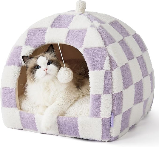 Lesure 2in1 Cute Cat House for Kitten with Washable Cushioned Pillow,17.3in | Cat Beds for Indoor Cats,Small Pet Cave Tent,Cozy Enclosed Foldable Hideaway,Fluffy Ball,Anti Slip Bottom,Hand Strap,Purple by Lesure