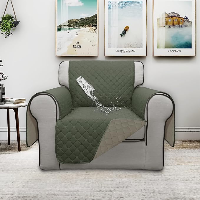 ISSUNTEX Double Protection 100% Waterproof Chair Sofa Covers for Living Room, Reversible Furniture Protector for Dogs, Pets, Kids (Chair, Greyish Green/Beige) - Image 2