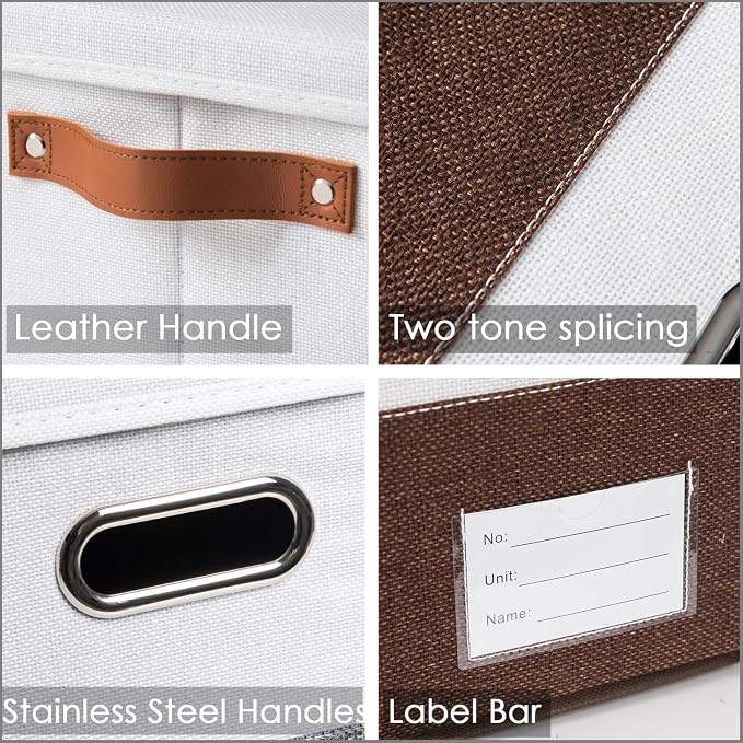 PRANDOM Foldable Storage Bins with Lids [3-Pack] Fabric Collapsible Storage Boxes Baskets Cubes Containers with Handles for Closet Living Room Bedroom (Brown & White 14.9x9.8x9.8'') - Image 4