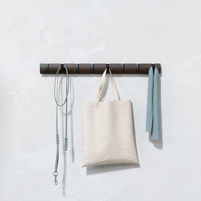Umbra Flip Coat Rack, Wall Mount 8-Hook, Space Saving, Walnut/Black | Real wood and steel build, retractable hooks fold flat, holds coats bags and scarves, easy install - Image 8