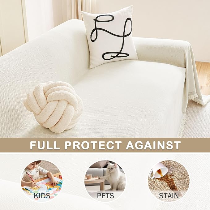 hyha Couch Cover for Dogs, Boho Chenille Sofa Cover for 3 Cushion Couch | Anti-Scratch Washable Sofa Slipcover, Loveseat Sectional Couch Throw Blankets with Tassels (Beige, 88.5x118 Inch) - Image 3