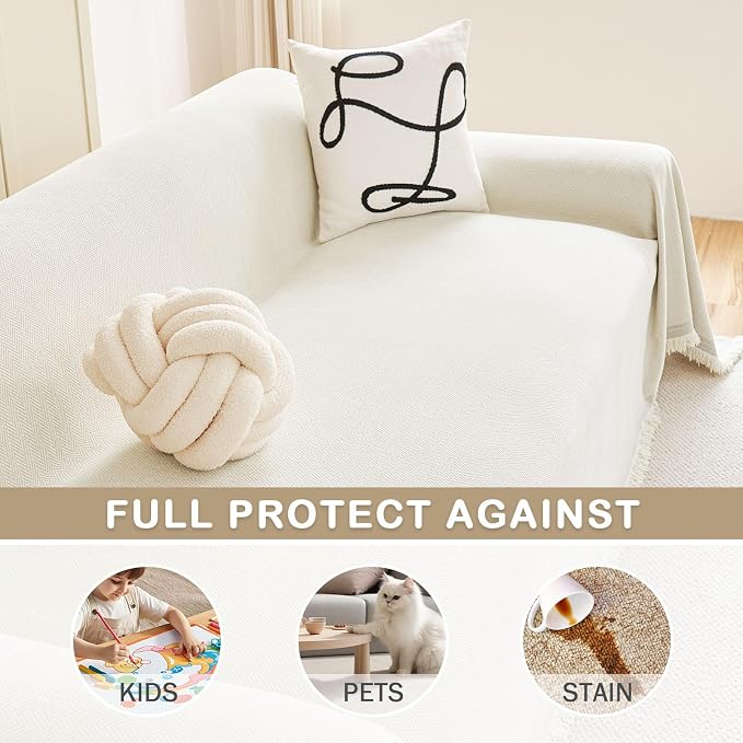 hyha Couch Cover for Dogs, Boho Chenille Sofa Cover for 3 Cushion Couch | Anti-Scratch Washable Sofa Slipcover, Loveseat Sectional Couch Throw Blankets with Tassels (Beige, 71x102 Inch) - Image 3