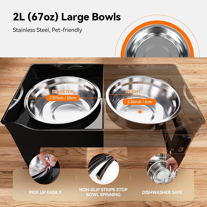 CZPET Elevated Dog Bowls, Splash Guard 4-Height Adjustable, Stainless Bowls | Mess Proof, Raised Stand with Two 2L Stainless Steel Bowls, Lifted Food Water Feeder for Small, Medium & Large Dogs - Image 4