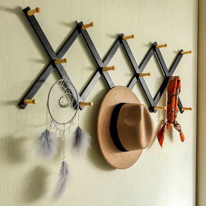 SKOLOO Hat Rack for Wall with 14 Hooks, Solid Wooden, Modern, Expandable Coat Rack Wall Mount for Coats, Hats, Bags, Baseball Caps, Natural on Black - Image 2
