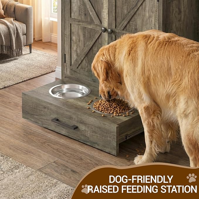 Dog Feeding Station with Storage Cabinet, Raised 2 Elevated Dog Bowls with Hidden Pull Out Drawer, Pet Feeder Organizer with 3 Side Hooks, Large Capacity Dog Food Storage Cabinet - Image 6