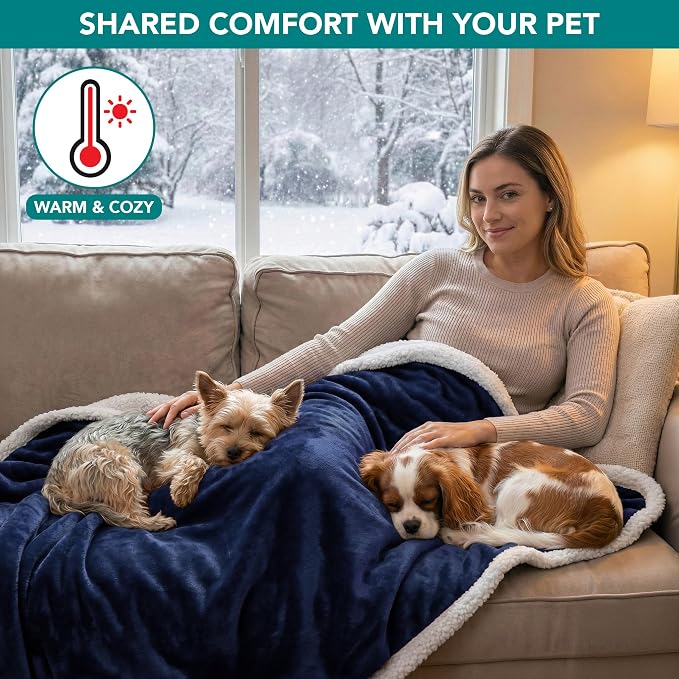 PetAmi Waterproof Dog Blanket for Couch, Large 60x40, Pee Proof Sherpa Fleece Reversible Pet Throw, Furniture Protector for Bed Sofa Kennel, Soft Washable Cover for Medium Dogs Cats, Navy Blue - Image 4