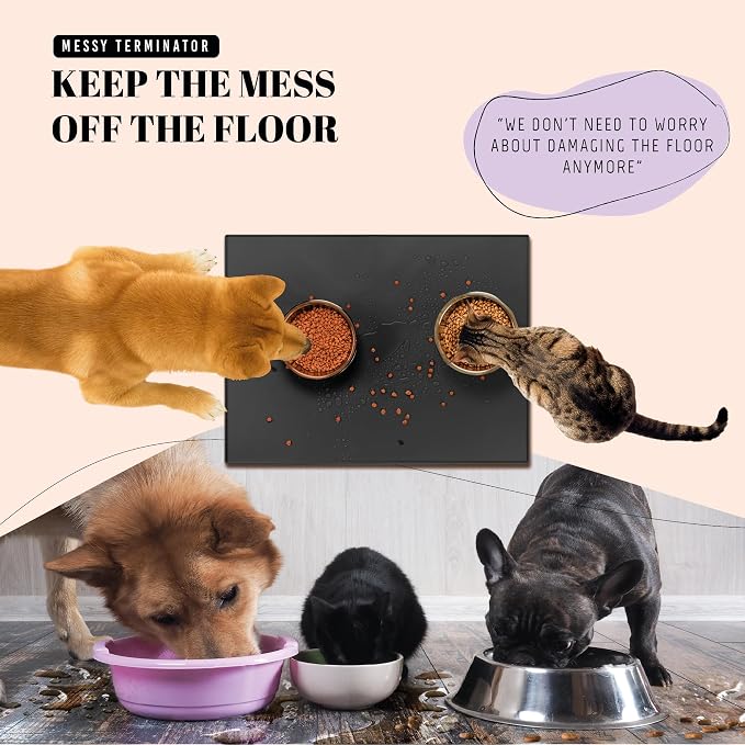 AVERYDAY 100% Waterproof Thicker Silicone Dog Food Mat, 0.63'' Raised Edge Bowl Mat for Food & Water, Non Slip Pet Feeding Placemat for Messy Drinkers, Perfect for Large Medium Small Breeds, 32"x24" - Image 2