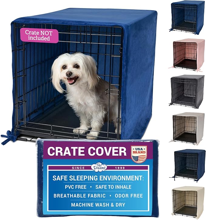 Pet Dreams Dog Crate Cover - Breathable Fabric Kennel Topper for Single-Door Crates, Fits iCrate Dog Cages 18, 24, 30, 36, 42, 48 Inches (Blue, Large, 36") by PetDreams