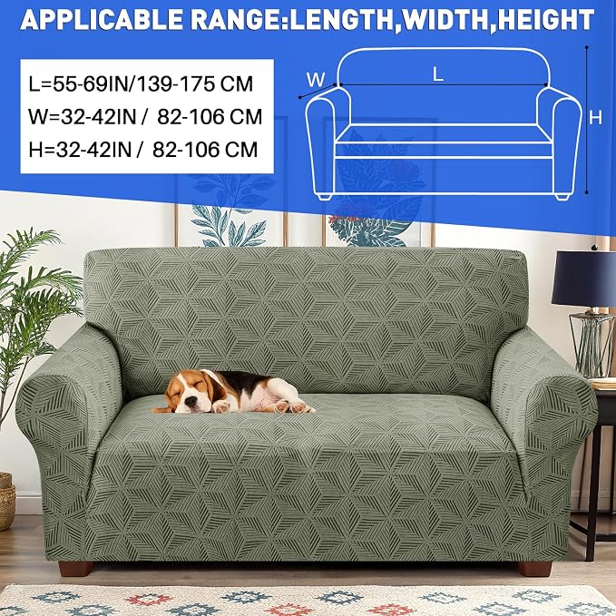 YEMYHOM 1 Piece Stretch Couch Covers for 2 Cushion Couch, Jacquard Loveseat Cover with Non-Slip Elastic Bottom, Thickened Slipcover Furniture Protector for Dogs Pets (Medium, Army Green） - Image 2