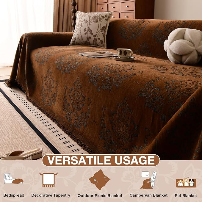 STACYPIK Vintage Floral Couch Covers, Caramel Brown Jacquard Sofa Cover | 71"x118" Large, Non Slip, Soft Breathable, Furniture Protector, Reversible Design, Sectional/L Shape Sofa Slipcovers Washable - Image 6
