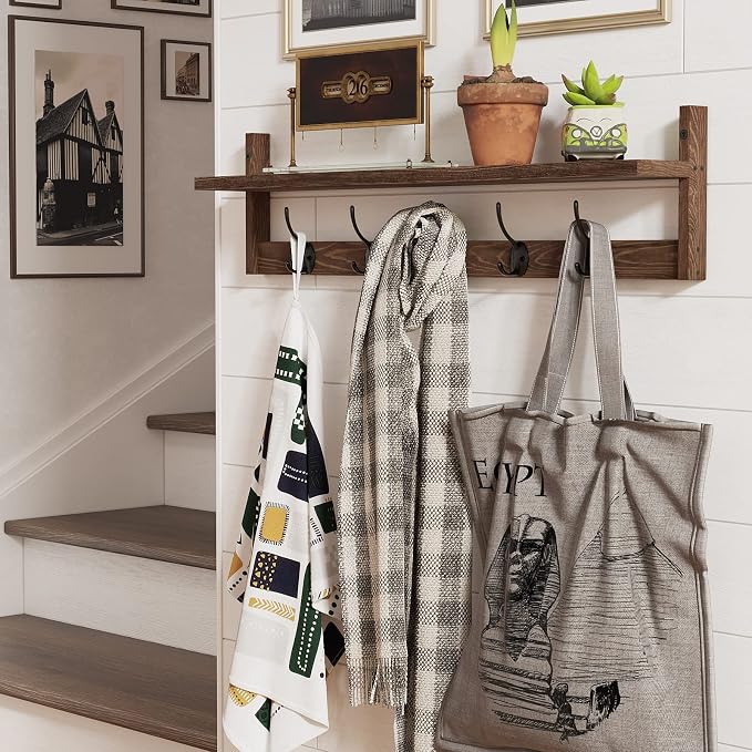 BAMEOS Wall Mounted Coat Rack with Adjustable Easy Install, Rust Proof, Brown Wooden Material, 28.9 Inch Length - Image 3