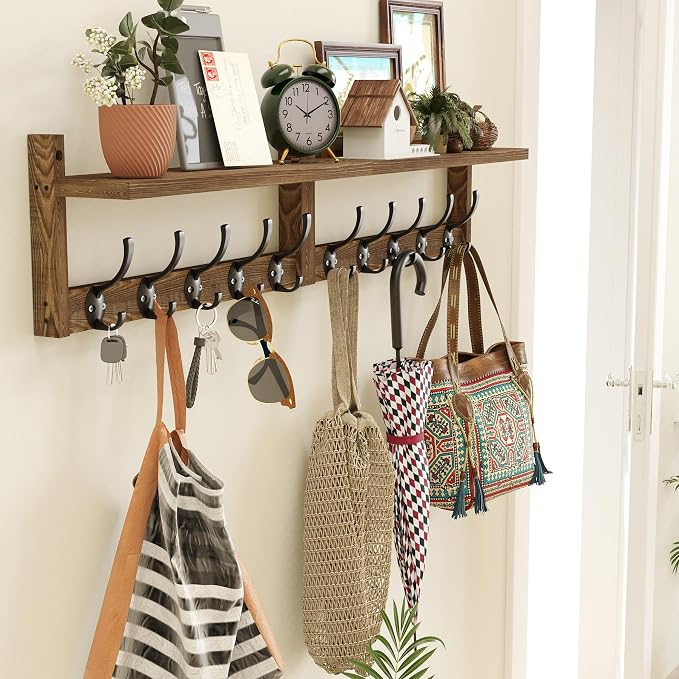 AMBIRD 34.2 inch Wooden Extra-Long Wall Hook Rack with Shelf - Versatile and Decorative Wall-Mounted Storage - 10 Hooks for Hanging Coats, Hats, Scarves - Ideal for Entryways, Bedrooms, Closets - Image 2