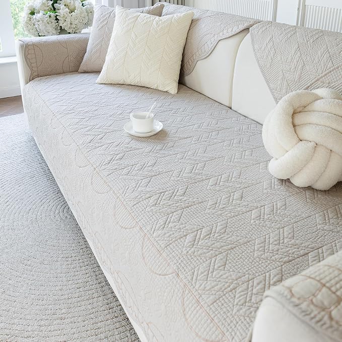 KRFOONN Cotton Quilted Dog Couch Cover for Sofa (03, 27.6" x 70.9") | Farmhouse Embroidery Sectional Couch Cover Washable, Soft Non Slip Sofa Slipcover Cushion Furniture Protector for Kids, Pets by KRFOONN
