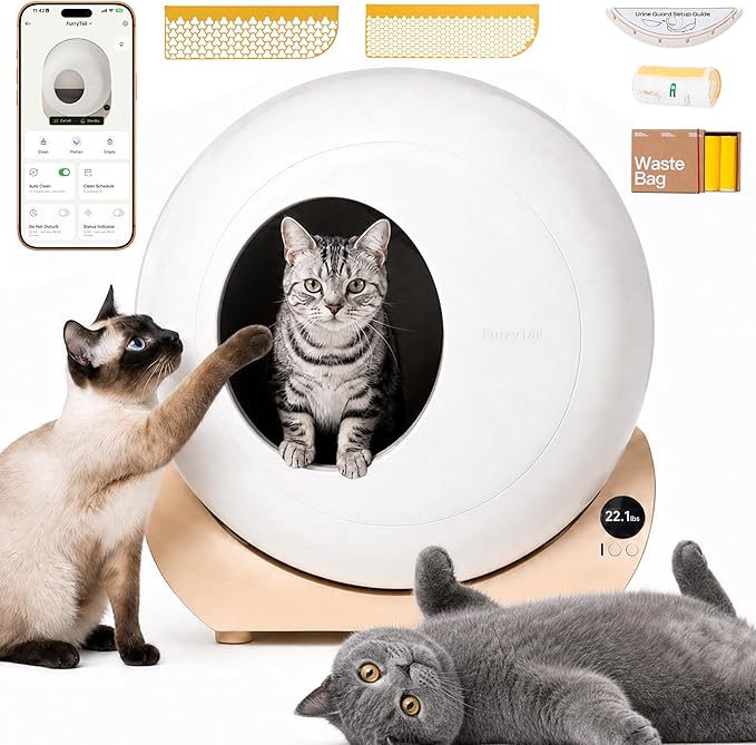 Furrytail Automatic Litter Box Self Cleaning with 120 Trash Bags, App Control, Advanced Odor & Leak Control, Large Capacity for Multi Cat Homes,Kitty Litter Box, Smart Safety Sensors, Cream by Furrytail