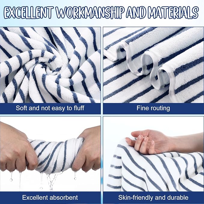 SmoothNovelty 16 Pack Microfiber Bath Towels Bulk 27'' x 60'' Oversized Size Bath Towel Highly Absorbent Extra Large Soft Drying for Beach Shower Summer Salon Sport Gym Party (Navy Blue,Stripes) - Image 3