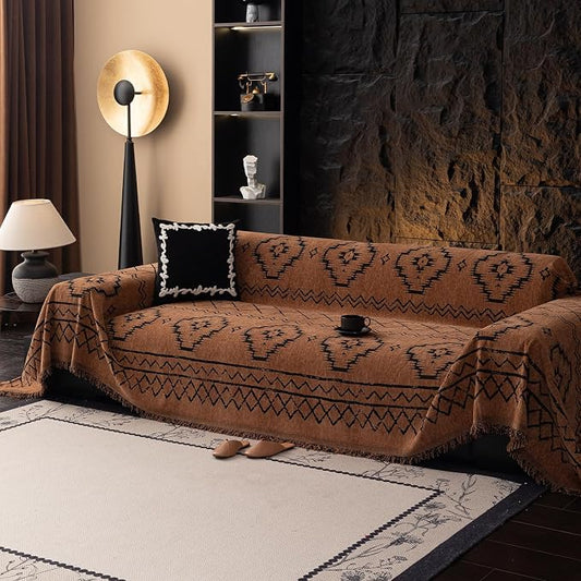 DREAMINGO Boho Couch Cover Sofa Covers for 2 Cushion Couch Jacquard Chenille Couch Cover Blanket Living Room Pet Furniture Protector Sectional Couch Covers for Dogs Washable, Brown, 71"x118" by DREAMINGO