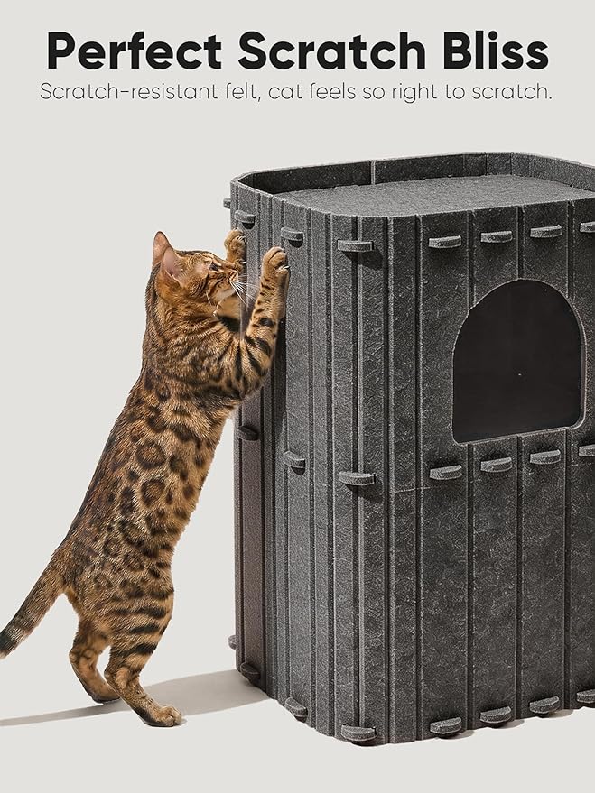 FUKUMARU Cat House for Indoor Cats, Warm Felt Cat Bed, Scratch Resistant | Large Cat Bed Cave, 3-in-1 Cat Condo, Cozy Felt Covered Cats Tunnel, 23.62 Inch Kitten Hideaway for Multicats, Dark Grey - Image 3