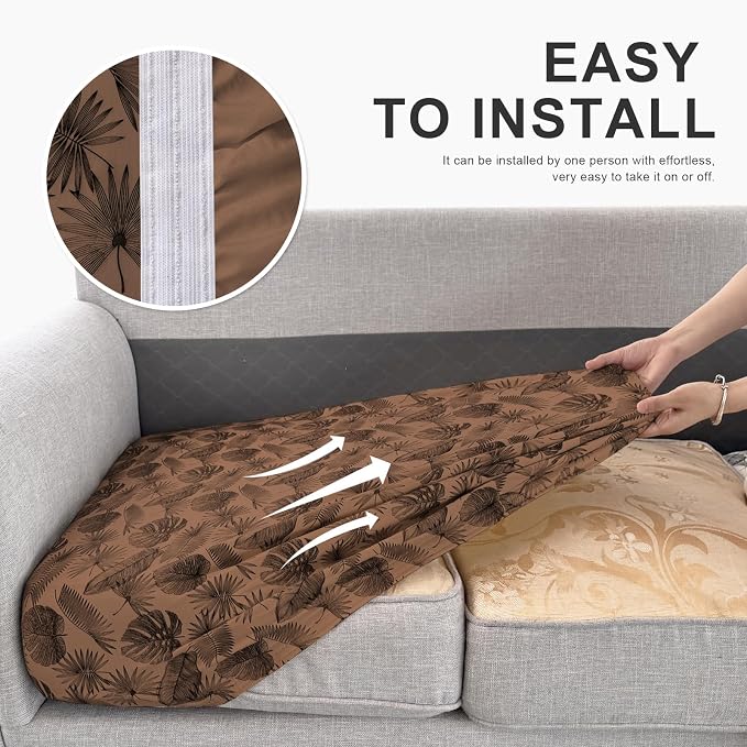 molasofa Leather Look Couch Cushion Covers, Stretch Sofa Cushion Covers for Sectional Armchair Loveseat Protector, Replacement Seat Cushion Slipcovers, Machine Washable (3 Cushion Sofa, Brown Leaf) - Image 6
