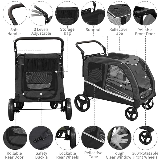 Dog Stroller for Large Dogs, Extra Large Pet Stroller for Medium Dogs, Dog Wagon Carriage, Foldable Design, Adjustable Handle, with Pocket, Up to 130 lbs, Black
