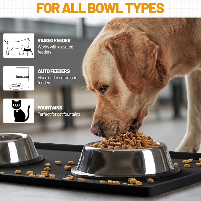 Hubulk Dog Feeding Mat,100% Waterproof Food Grade Silicone Pet Food and Water Bowl Placemat,Dishwasher, High Raised Edge to Prevent Spills,Nonslip Tray to Stop Messes on Floor（28"x18"x0.8", Black） - Image 6