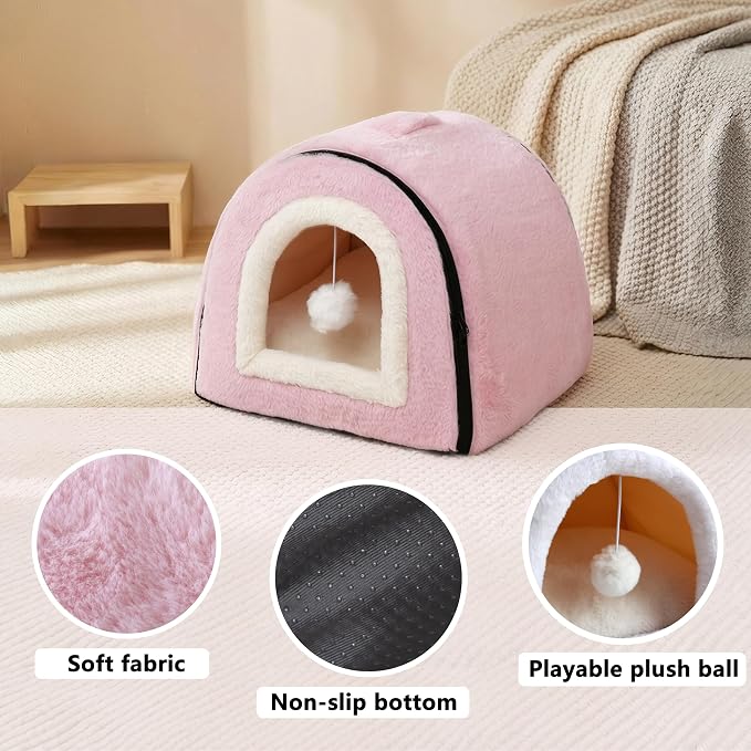 Cat Bed for Indoor Cats，Foldable cat cave，Anti-Slip & Water-Resistant Bottom，cat Houses for Indoor Cats or Small Dogs, Kitten Tent, Rabbit Bed，2 in 1 pet Bed (Pink) - Image 4