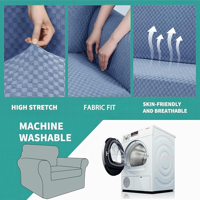 YEMYHOM Latest Checkered 2 Pieces Chair Covers for Living Room High Stretch Thickened Chair Slipcovers with Arms Anti Slip Elastic Armchair Sofa Couch Protector (Light Blue), 31"-46"(1 Cushion) - Image 5