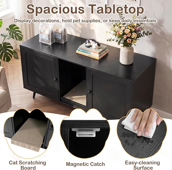 Tangkula Double Cat Litter Box Enclosure, Large Hidden Wooden Cat Cabinet for 2 Cats with Scratching Pad, Double Rooms, Versatile TV Stand Side Table for Indoor Living Room - Image 7