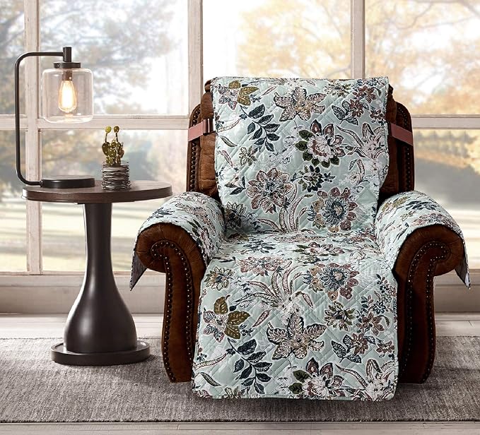 Brilliant Sunshine Green Vintage Flowers Couch Recliner Cover, 26" seat | Non Slip Sofa Cover, Quilted Furniture Protector, Washable Reclining Chair Slipcover for Pets, Dogs & Cats - Image 2