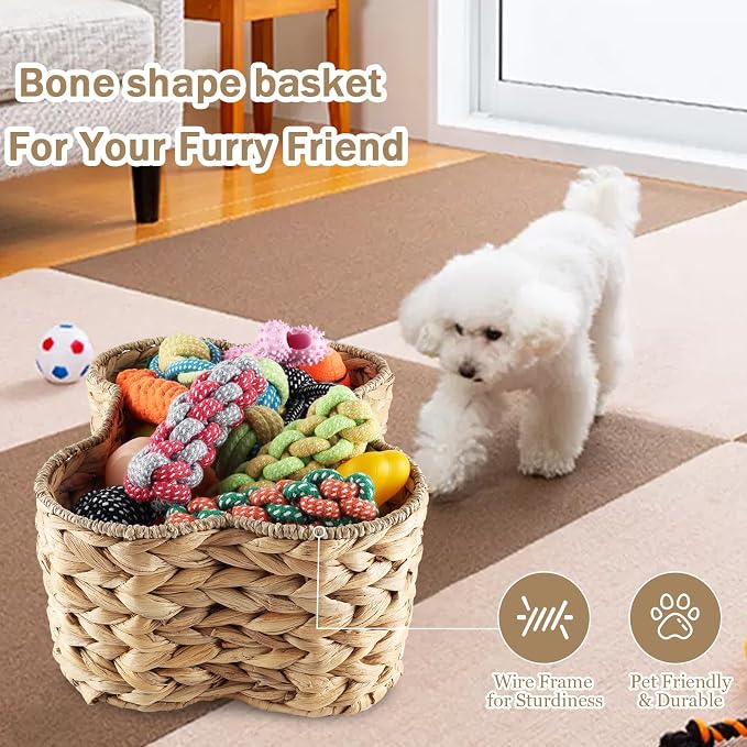 Set Of 2 Pet Dog Toy Basket-Dog Bone Basket-Wicker Basket for Pet Stuff-Dogs Toy Box for Living Room Area-Handmade Water Hyacinth Baskets with DIY Tag ﻿ - Image 4