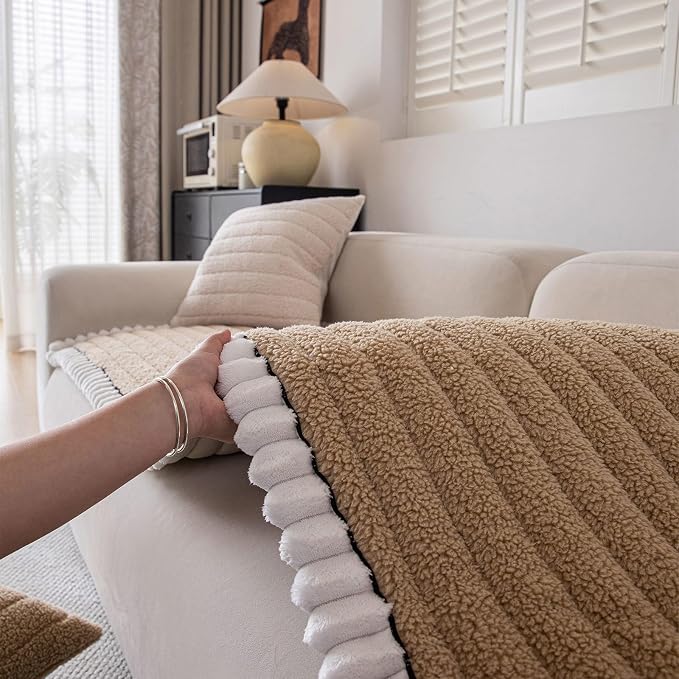 STACYPIK Plush Sherpa Khaki Pets Couch Cover, Non Slip Geometric Sofa Cover for Sectional, Washable Furniture Protector for 3 Cushion Couch, Multi-use Dogs Bed Mat Pet Friendly-27.6x70.9IN - Image 7