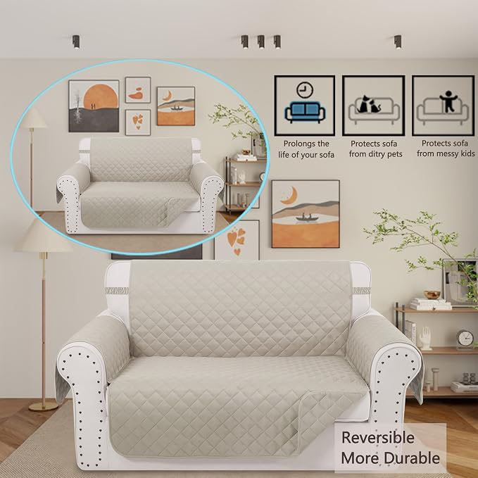 Reversible Loveseat Couch Sofa Covers, 2-Seater, Beige | Loveseat Covers for Dogs Water Repellent, Friendly Furniture Protector with Elastic Straps for Living Room - Image 2