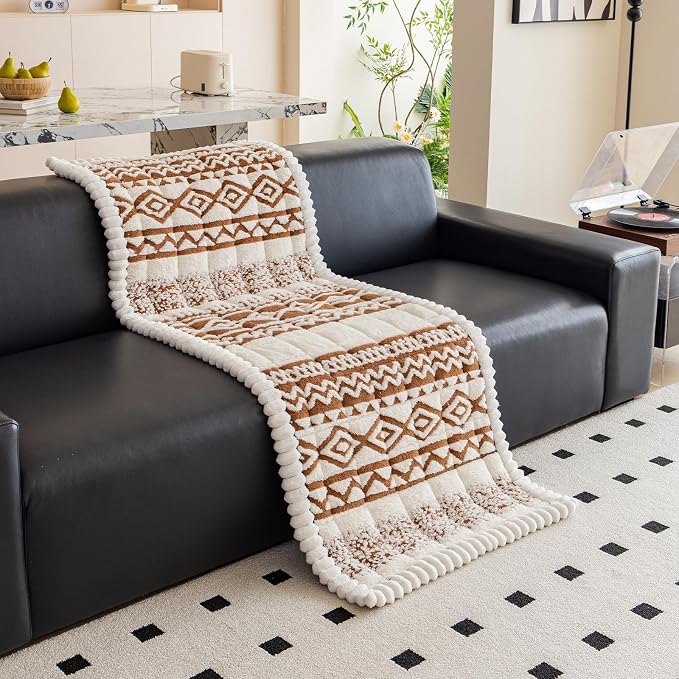 VClife Boho Couch Cover, Soft Fuzzy Couch Covers for Dog, Non-Slip Furniture Protector, Washable Durable Sofa Covers for Couch/Bench, Tribal White Pumpkin Geometric Slipcover, 27.6" x 82.7" - Image 9