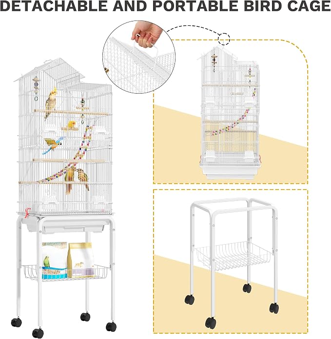 DWVO 62-inch Metal Bird Cage for Cockatiels, Parrots, Pigeons | Bird Cage for Cockatiels, Parrots, Pigeons, Lovebirds, Features Roof Access and Rolling Stand, White - Image 4