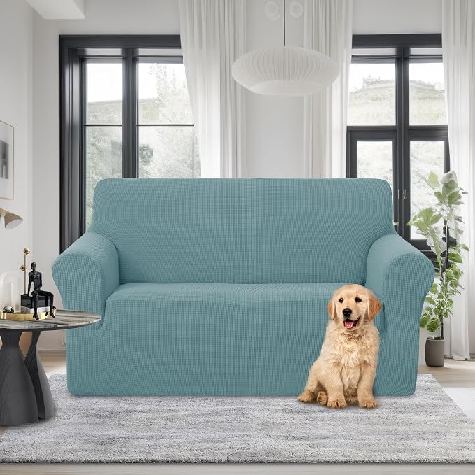 U-NICE HOME Loveseat Cover Stretch Couch Cover Sofa Slipcover, Light Blue | 2 Cushion Sofa, 1-Piece Sofa cover, Washable, Pet friendly, Furniture protector, Polyester Spandex Jacquard fabric - Image 2