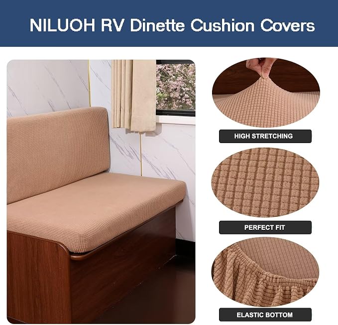 NILUOH RV Dinette Cushion Covers,Jacquard Camper Cushion Slipcovers Replacement Sofa Cushions Washable Loveseat Slipcovers for Travel Trailer Couch (2 Bench Cover & 2 Backrest Cover, Camel) - Image 2