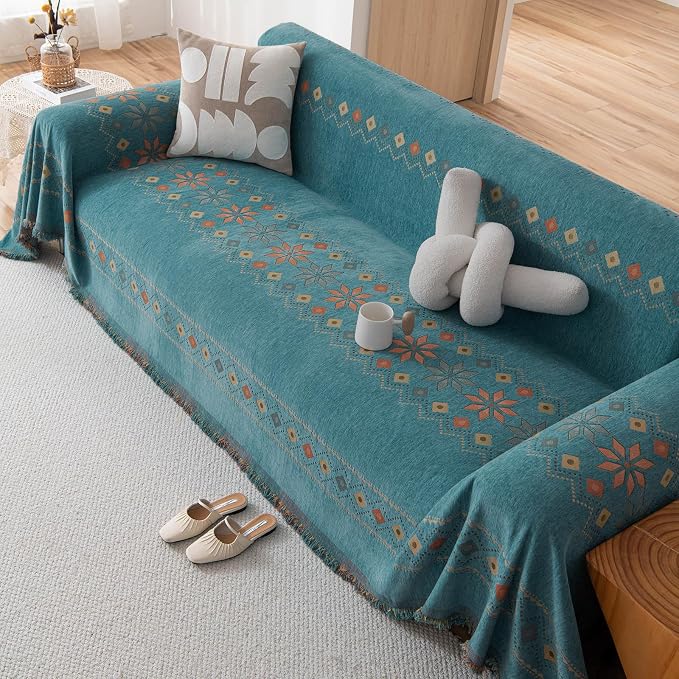 VClife Boho Couch Cover Green Geometric Jacquard Pattern Sofa Cover, 1 Piece Large Couch Covers for 3 Cushion Couch Sofa Washable Plush Chenille Sofa Protector for Living Room, 71x150 Inch - Image 8