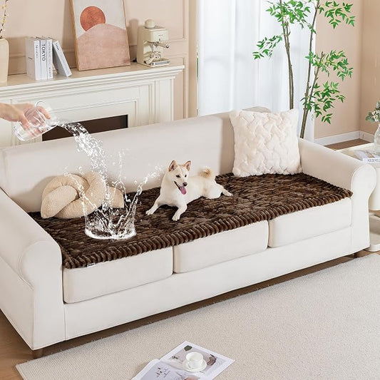 PuTian 100% Waterproof Fuzzy Couch Cover for Dogs Brown 27.6"x70.9" | Pet Friendly Dog Mat for Couch, Waterproof Sofa Protector, Scratch Resistant Furniture Cover for Dogs, Machine Washable by PuTianWorld