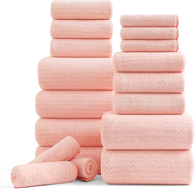 Ycosy 18 Piece Bath Towels Set,100% Microfiber Family Bathroom Towel with Hanging Loops-6 Bath Towels,6 Hand Towels,6 Washcloths,Quick Dry Highly Absorbent Shower Towel for Bathroom,Hotel,Spa-Pink by Ycosy