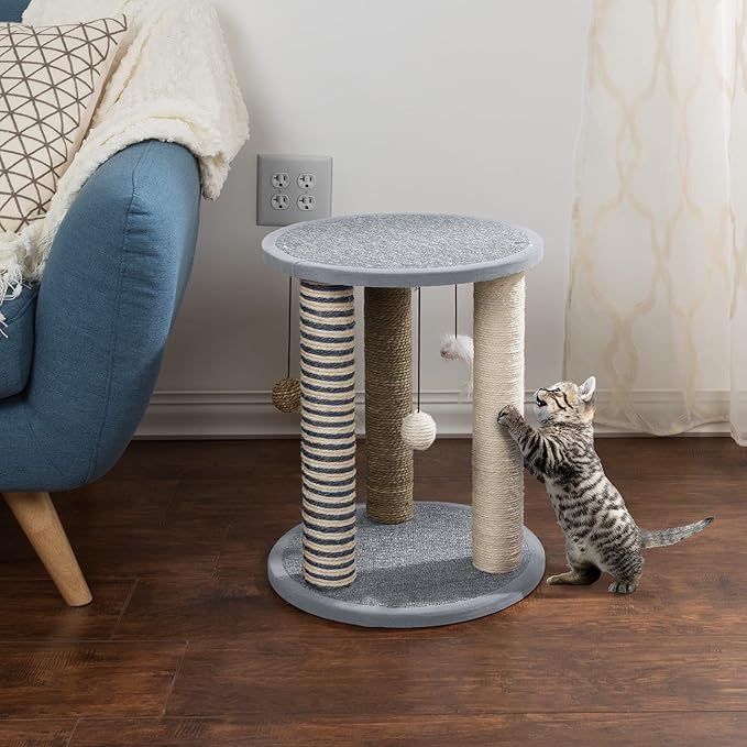 Cat Scratching Post - 3 Scratcher Posts with Carpeted Scratch Pad Base and Perch - Furniture Scratching Deterrent for Indoor Cats by PETMAKER (Gray) - Image 4