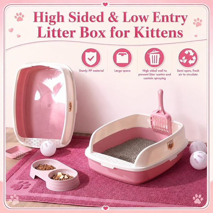 Sliner 7 Pcs Kitten Litter Box Starter Kit, 2 Plastic Small Kitty Litter Box Training Low Entry with Scoop, 2 Double Cat Bowl and Mat for Kitten Indoor (Pink) - Image 6
