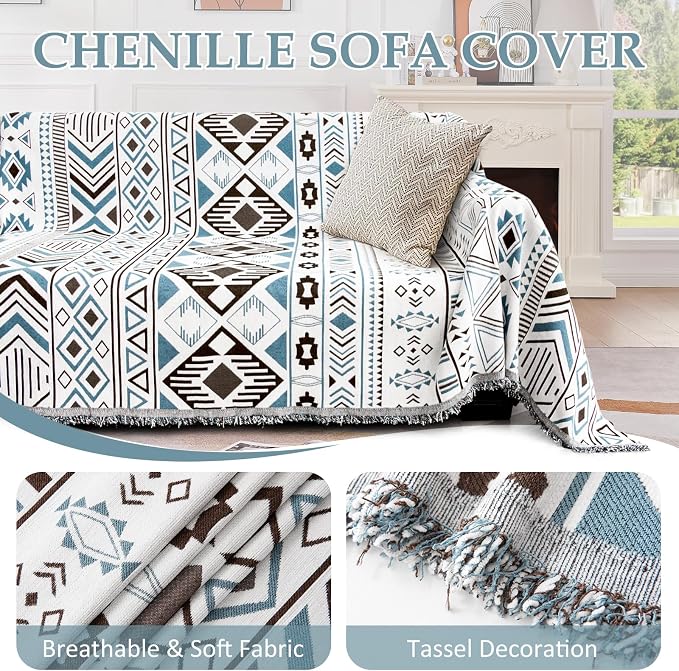 1OO% Waterproof Sectional Couch Covers for Dogs L Shaped Corner Sofa Cover Washable Chenille Sofa Slipcovers Blanket Modern Jacquard Pet Furniture Protector (91"x276", Boho Blue Brown) - Image 6
