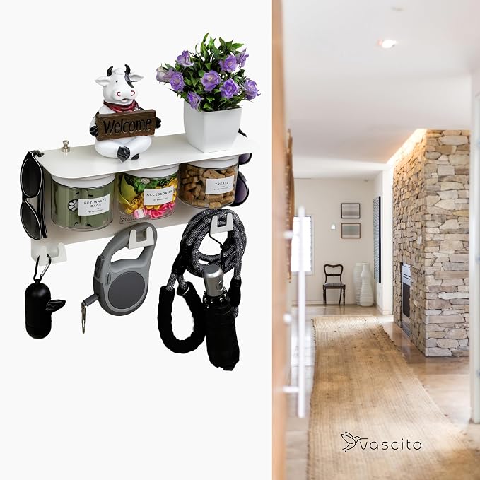 Dog Treat Holder For Wall Storage For Pets, Premium Pet Wall Organizer, Includes Three 16oz Airtight Dog Treat Jars, 3 Sets of Triple Hooks, Sturdy Shelf in Designer White - Image 3