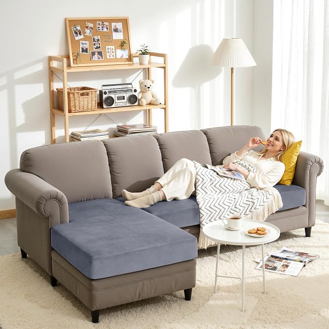 CHUN YI Velvet Couch Cushion Covers, 4 PC Water Resistant Sectional Couch Covers for L Shape Sofa, Individual Seat Cushion Protector for Pets (3 Seater + 1 Chaise, Grey) - Image 6