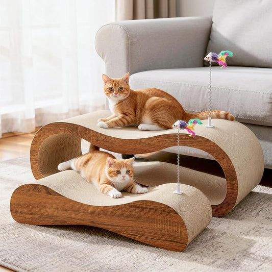 2 in 1 Cat Scratcher for Indoor Cats, Large Cardboard Cat Scratcher with 2 Plug-in Teaser Wand, 100% Recyclable & Reversible Scratching Board Pads Prevents Furniture Damage by SimpleDeluxe