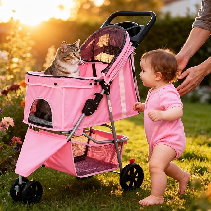 NEWBULIG 3 Wheel Pet Stroller for Dogs and Cats, Foldable, Lightweight and Durable, Ideal for Small to Medium Pets, Includes Storage Basket and Cup Holders