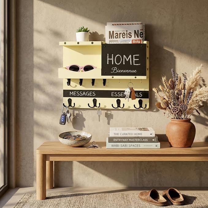 Key Holder for Wall Mount with Shelf and Mail Organizer, Key and Mail Holder with 16 Hooks, Farmhouse Entryway Organizer, Home Decor Rack(Pine Wood,Ivory Yellow) - Image 3
