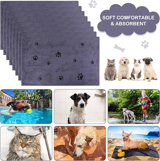 Chumia 8 Pcs Microfiber Dog Towels for Drying Dogs Cats 18 x 28 Inch Pet Towels Bulk for Medium Puppy Absorbent Fast Drying Paw Bath Bathing Supplies for Pets(Dog Paw and Bone,Gray) - Image 5