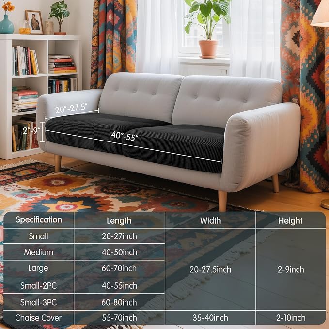 Hokway Stretch Couch Cushion Covers, 2 Piece Individual Sofa Cushion Slipcovers，Jacquard Sofa Seat Slipcover Set, Non-Slip Protector for Cushion (Black,Small-2PC) - Image 3